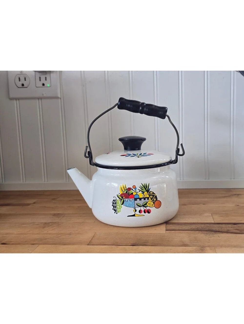 Vtg Berggren Enamelware Swedish Teapot Fruit Basket Design Cottagecore